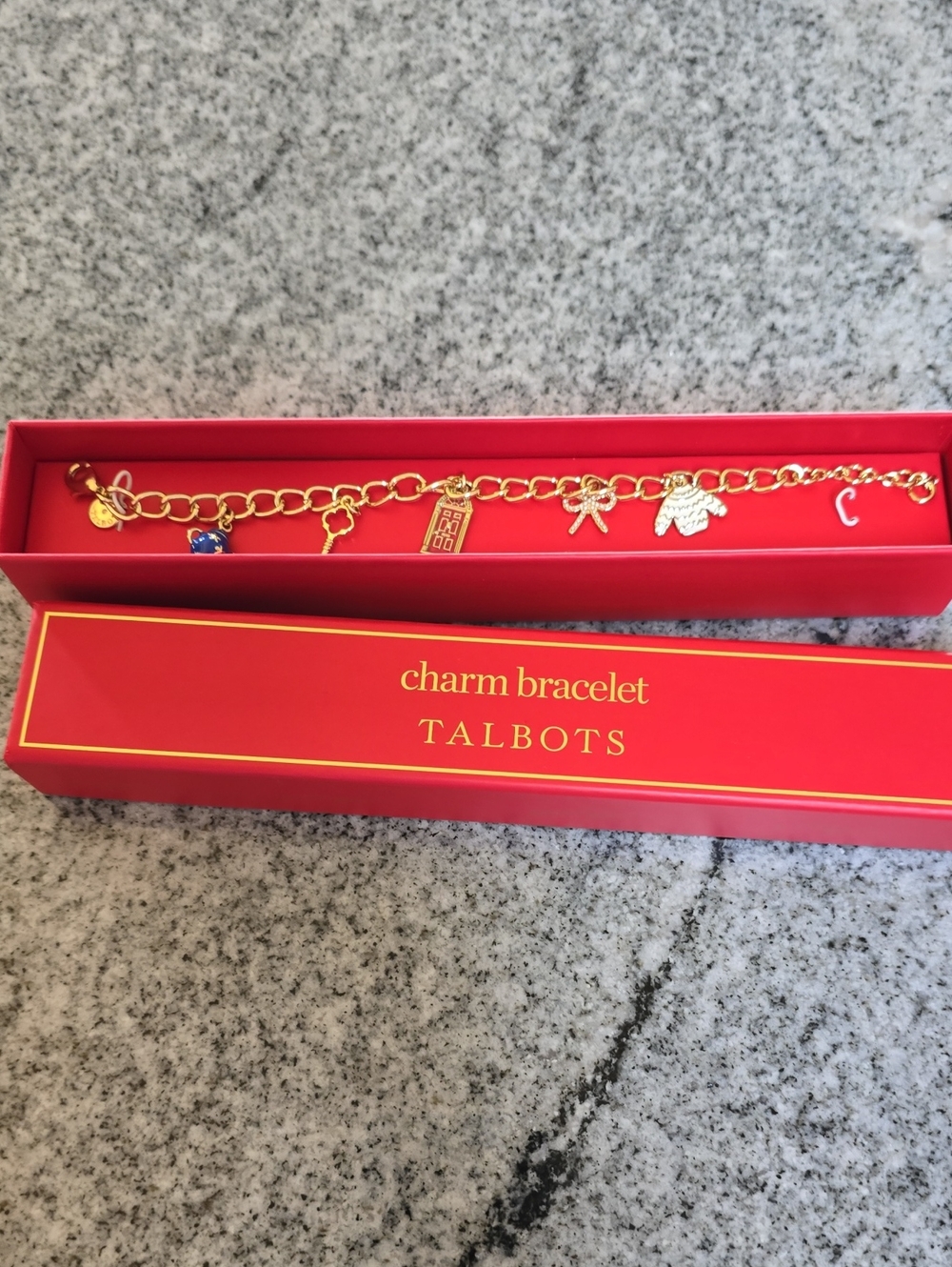 Talbots Gold Charm Bracelet with Red Box Accents